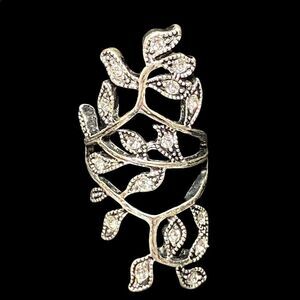 Silver tone vine ring with rhinestones marcasite style knuckle-to-knuckle